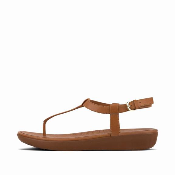 Sandales À Lanière Femme Fitflop Tia Cuir T-Bar Marron Foncé (AUT419768)